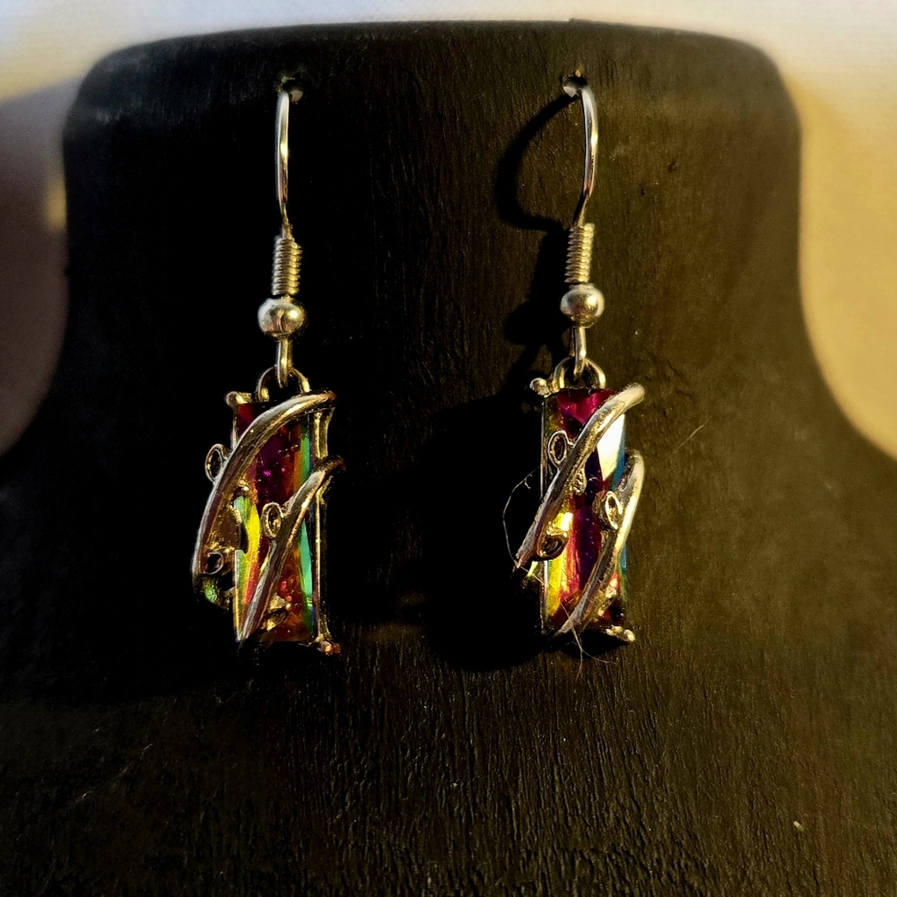 Handcrafted Dangle Earrings Featuring Dichroic Glass & Silver-Tone Metal.